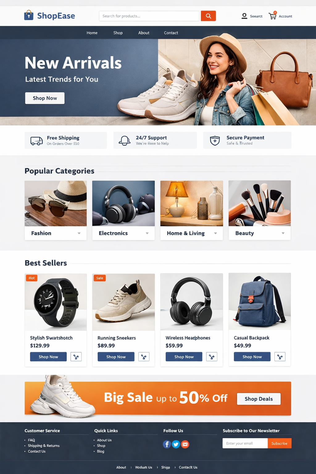 ShopEase e-commerce website mockup